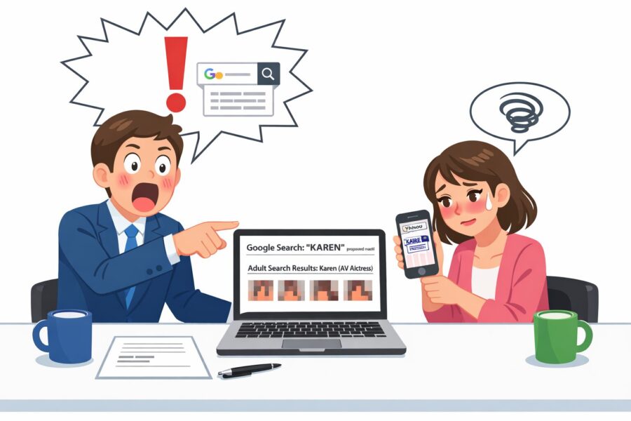 提案したビジネスネームがAV女優と被っていることが発覚し、慌てる占い師と困惑する女性客のイラスト