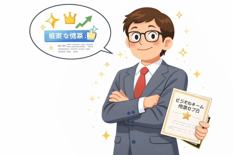 過去の失敗を乗り越え、確実なビジネスネーム作成ができるプロとして、自信満々に胸の前で腕組みをする占い師のイラスト。頭上の星や王冠、上昇矢印のアイコンが、より高まった信頼性と実力を象徴している。