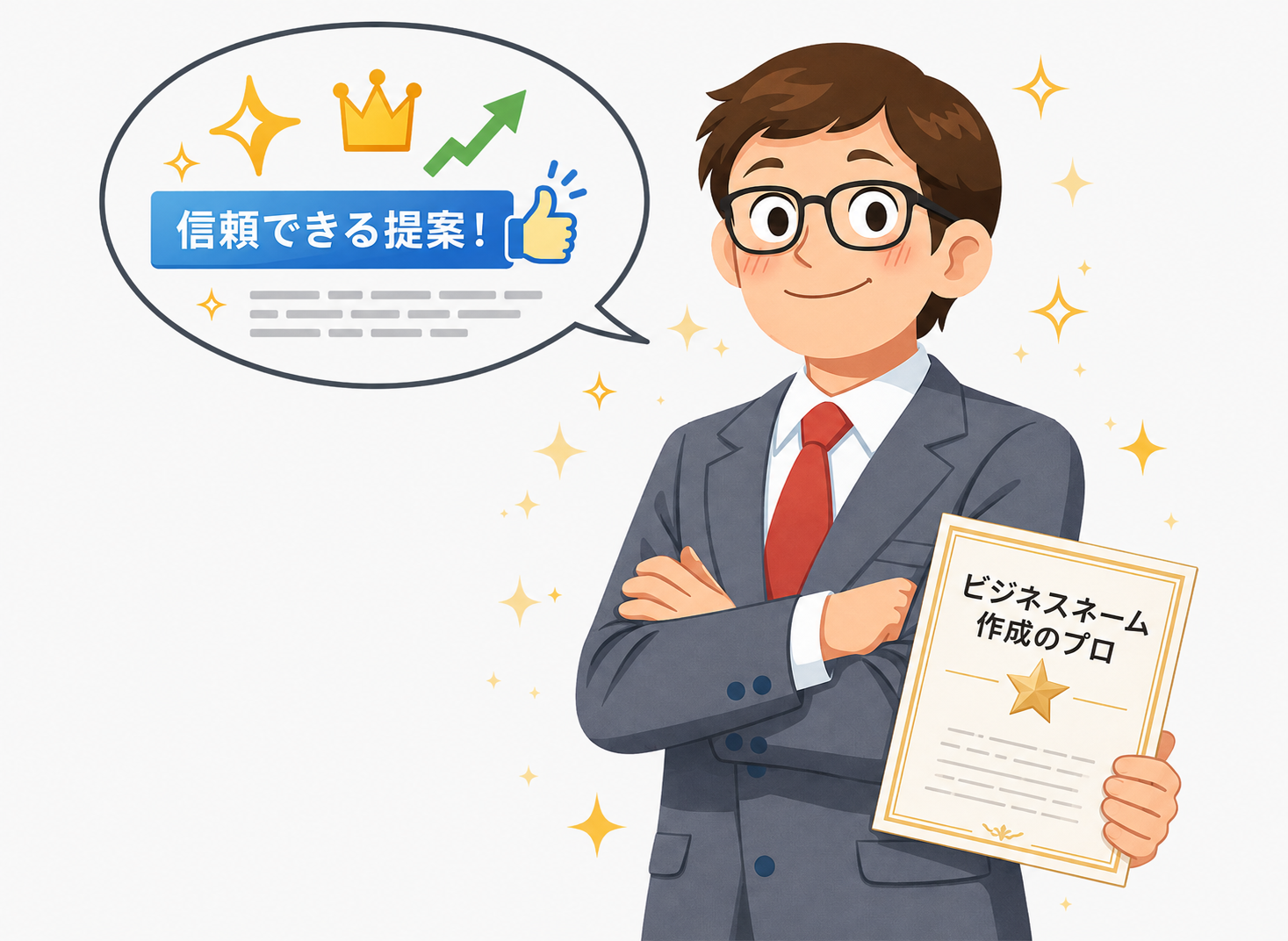ビジネスネーム作成の失敗経験を活かし、信頼できる提案をするプロのイメージ