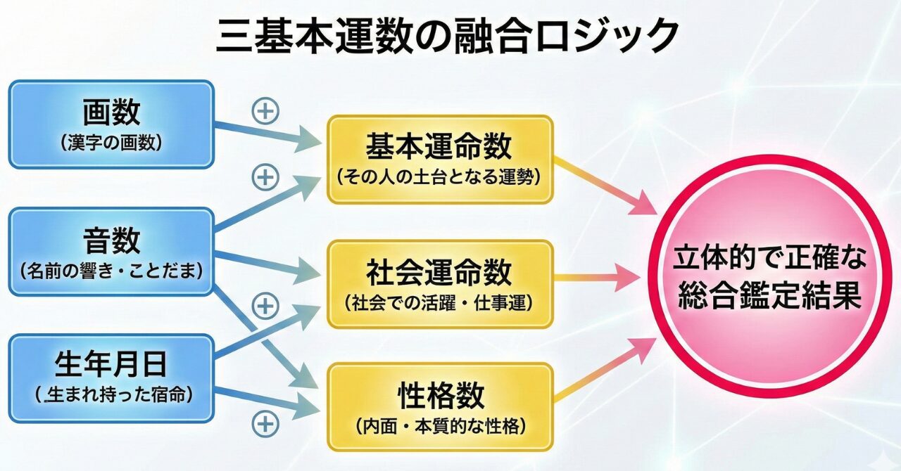 三基本運数の成り立ちと、融合ロジックを図にするとこんなイメージです。
