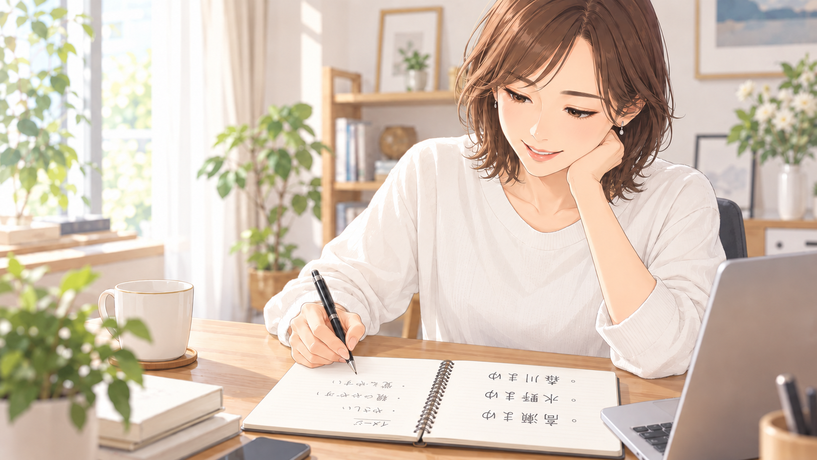ビジネスネーム候補をノートに書き出して比較する女性
