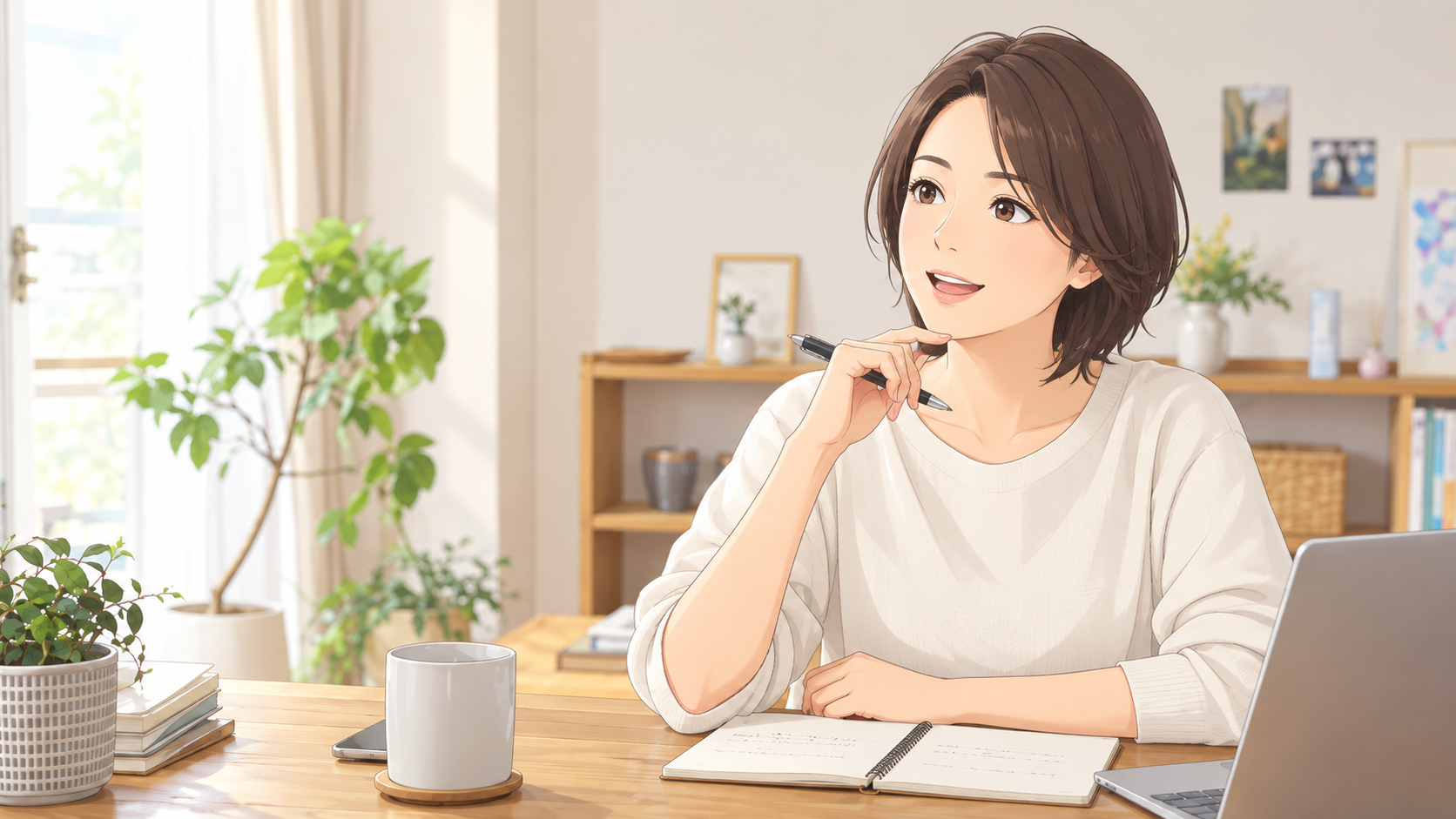 ビジネスネーム候補を声に出して音の響きを確かめる女性