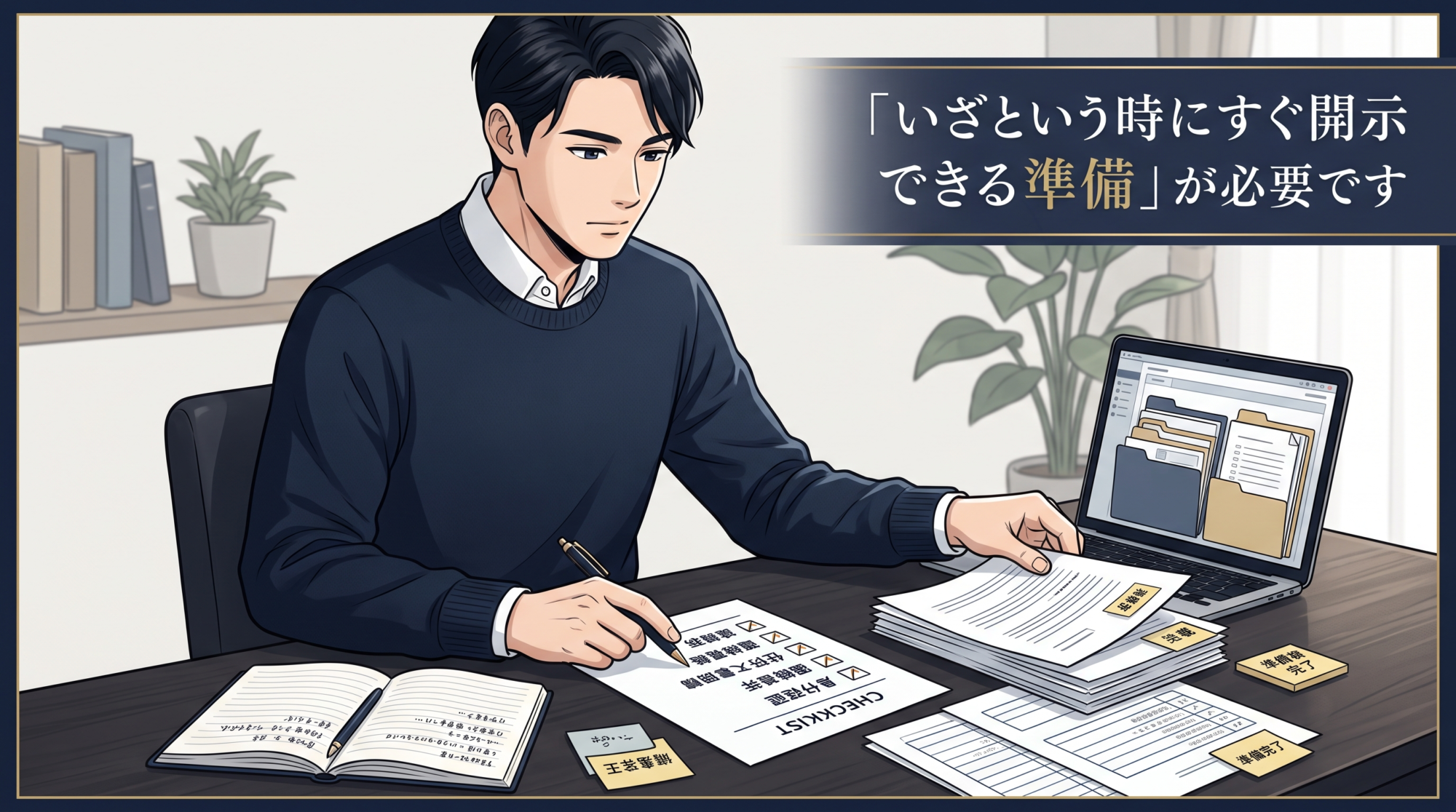 いざという時に本名や住所をすぐ開示できるよう、デスクで書類やチェックリストを整理して準備している男性のイラスト（「いざという時にすぐ開示できる準備」が必要です、というテキスト入り）