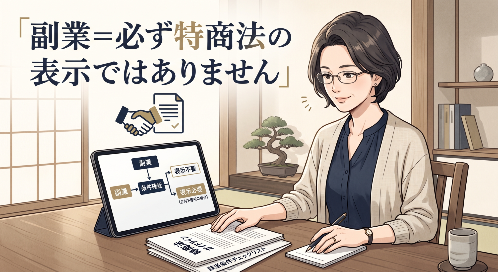 デスクで資料を確認し、副業における特定商取引法の表示義務について疑問が解けて安心している女性のイラスト（「副業＝必ず特商法の表示ではありません」のテキスト入り）