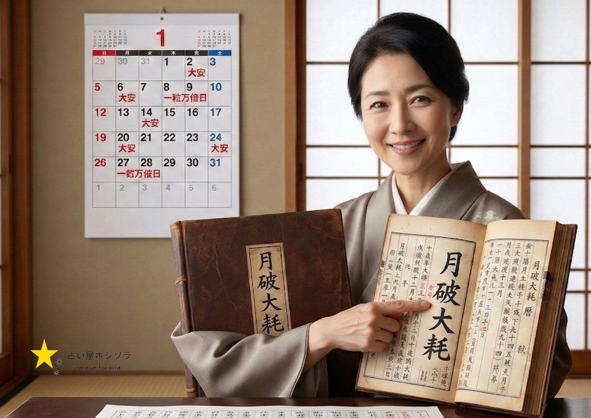 カレンダーに載らない『隠れた要注意日』の秘密をプロが優しく教える、親しみやすい笑顔の女性鑑定士。手元の和暦『月破大耗』と背景のカレンダーの対比。