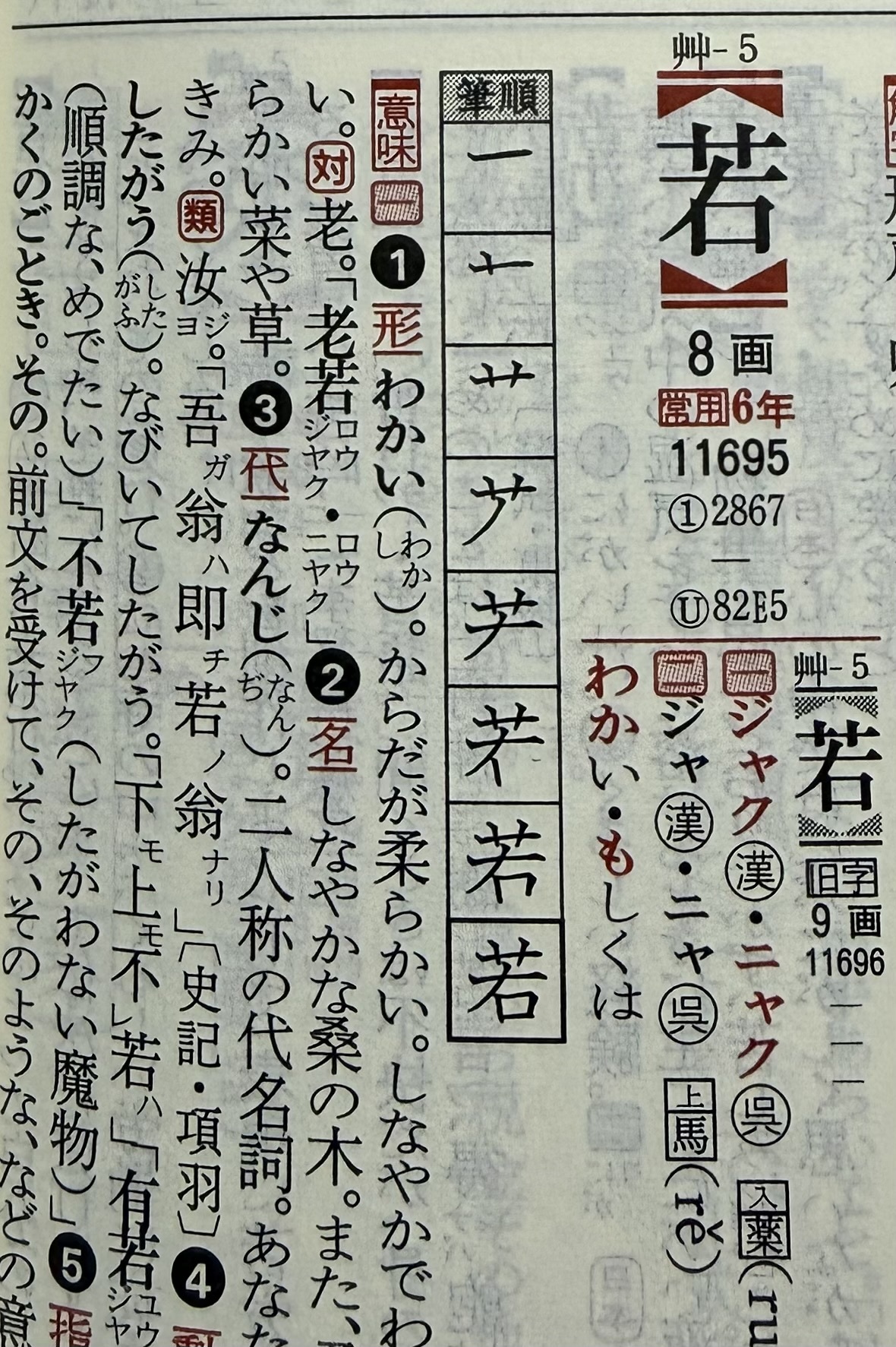姓名判断における『若』の旧字体(9画)の根拠となる辞典の表記