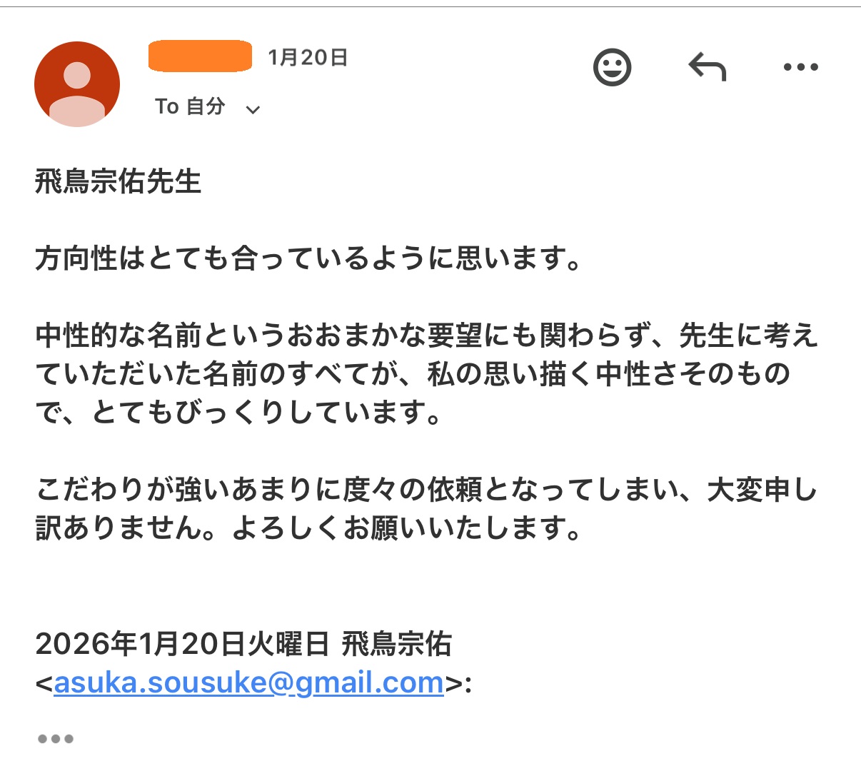 ビジネスネーム作成における実際のメールやり取り・方向性確認の様子
