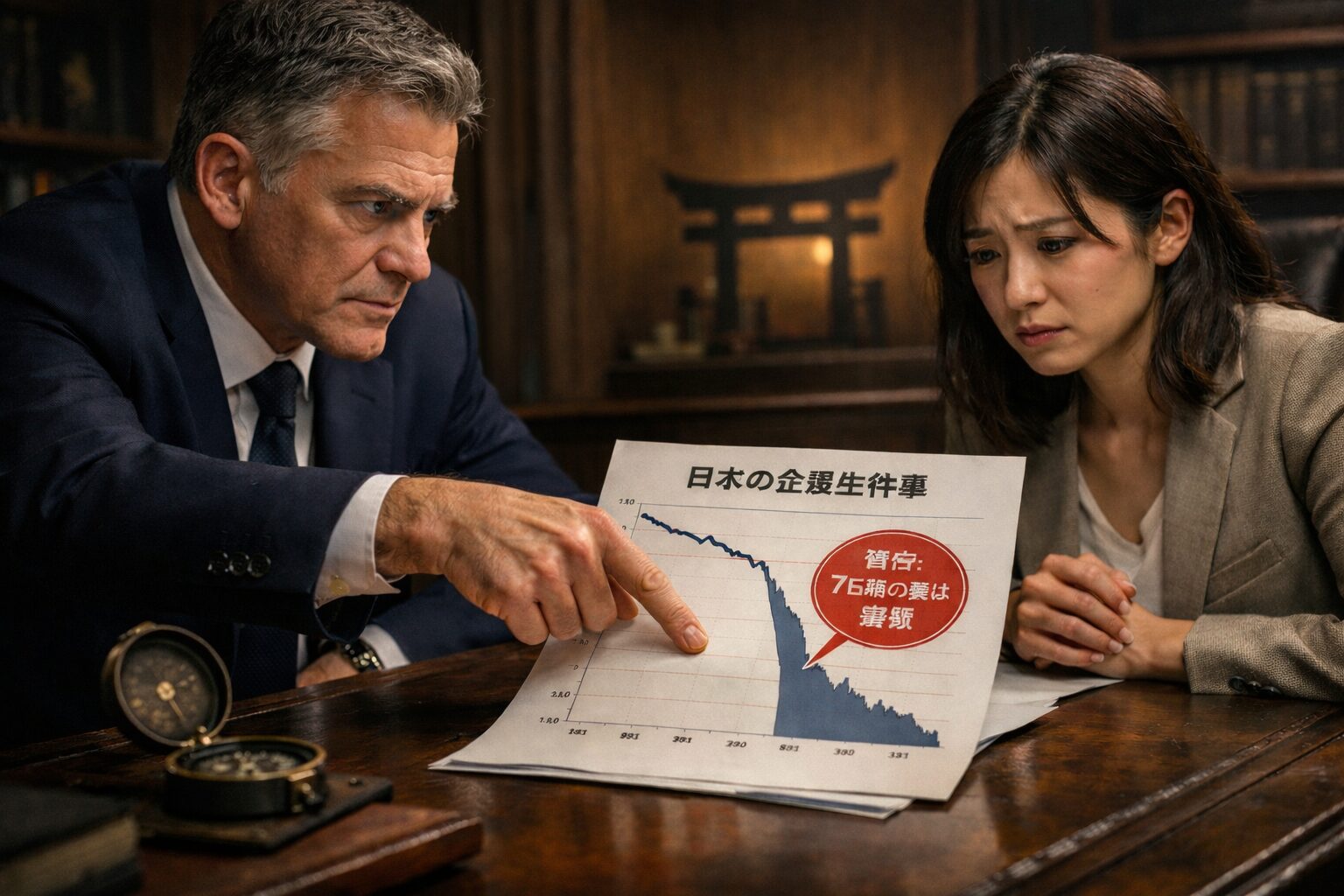 重厚なデスクで専門家(軍師)が若い女性起業家に警告している。デスク上の資料には「日本の企業生存率」というグラフと、急激な右肩下がりの線、そして「警告:7万件の企業が消滅」という日本語テキストが描かれている。ビジネスネーム作成における生存競争の厳しさを伝えている。