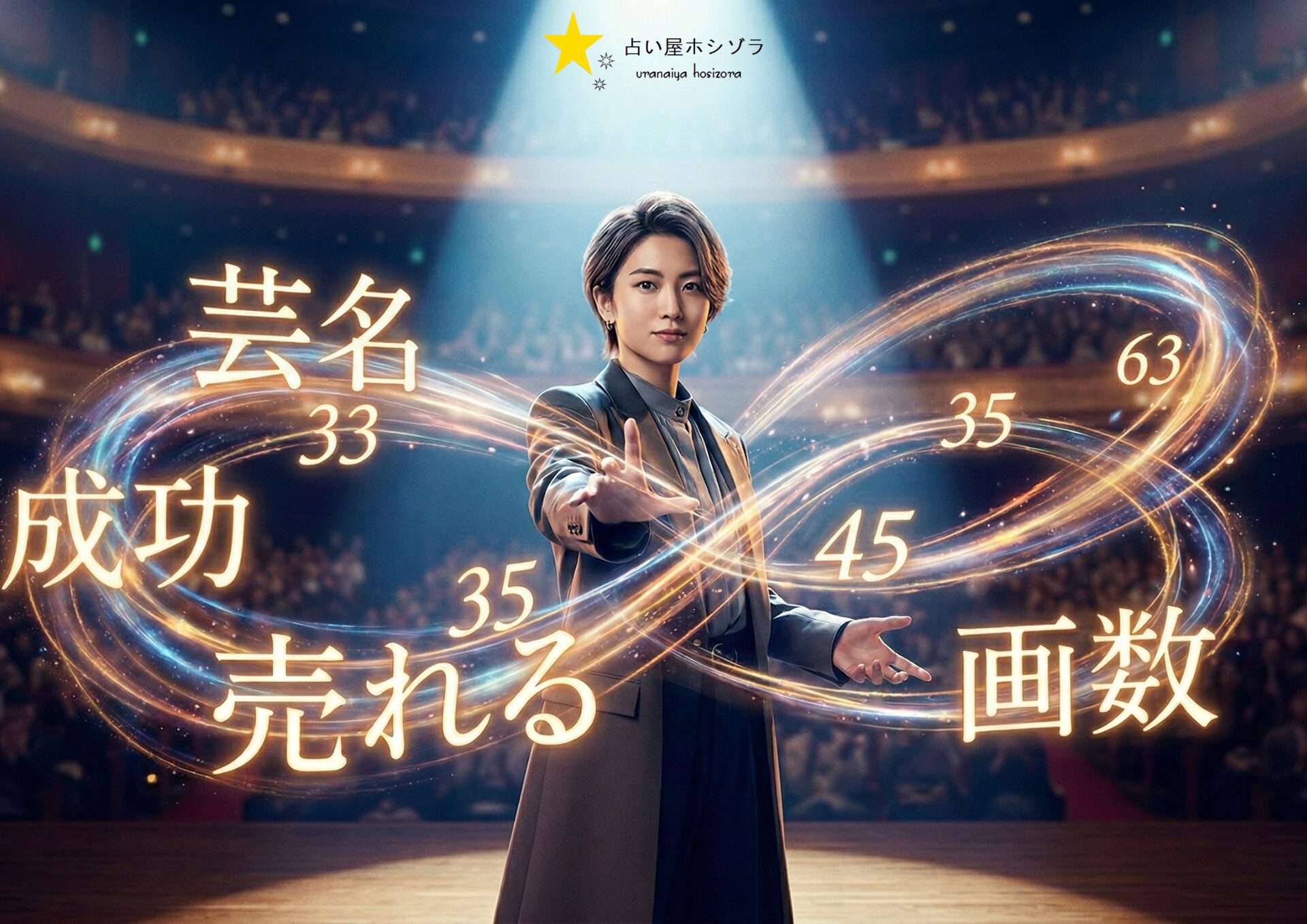 芸名で売れる画数（33画や35画など）と成功をイメージした、ステージ上で光り輝く表現者の画像