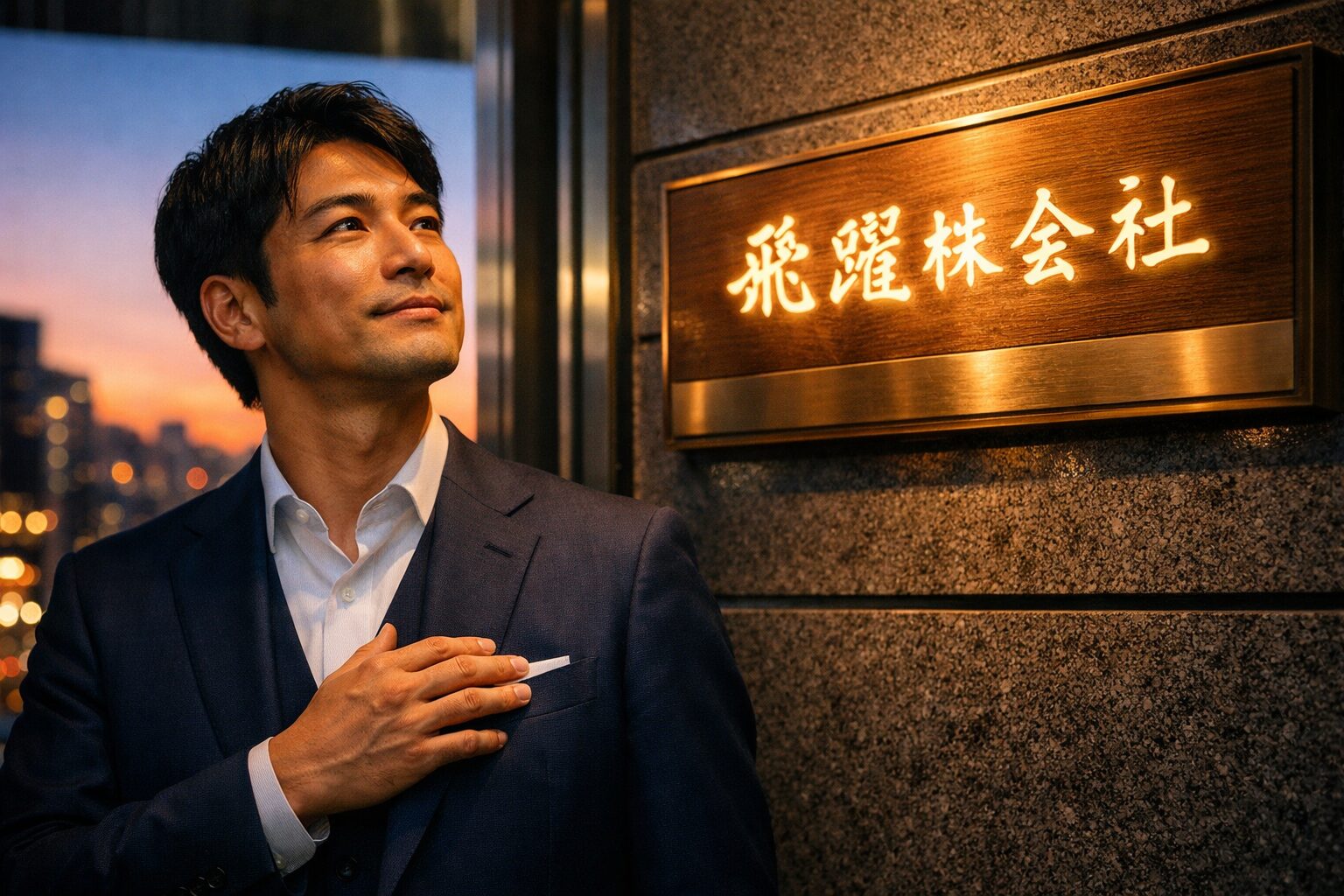 朝日の中で希望に満ちた表情で自社の社名看板を見上げる男性経営者。運勢の良い会社名と共に、どん底から年商4.3億円へと飛躍した実話ストーリーのアイキャッチ画像。