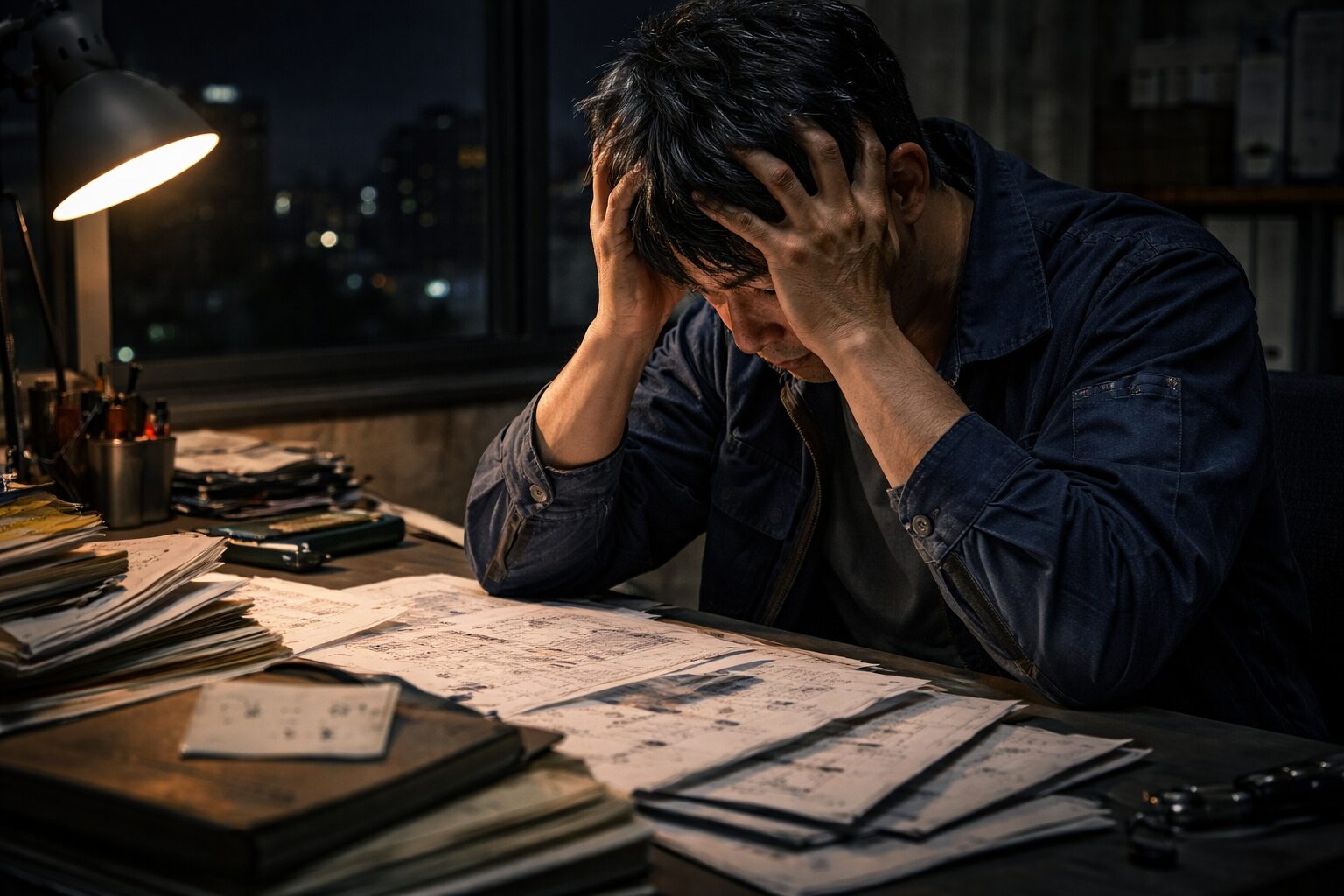 2018年当時、小さな雑然としたオフィスで使い古された作業着姿で山積みの請求書や技術資料を前に頭を抱えて葛藤する35歳の日本人男性。技術はあるが商売に悩む「〇〇〇〇工業」の苦悩の2年間を表現した画像。
