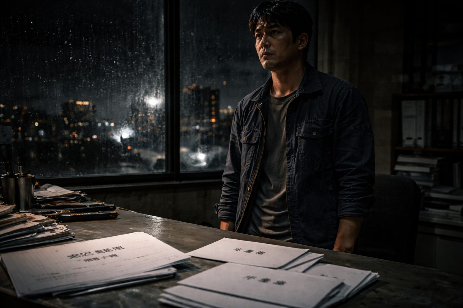 2021年の「最大のどん底」。薄暗いオフィスでたった一人、山積みの書類(設立届と退職届)を前に、呆然と立ち尽くして絶望する35歳の日本人男性経営者。窓の外は雨の降る冷たい夜の都市。
