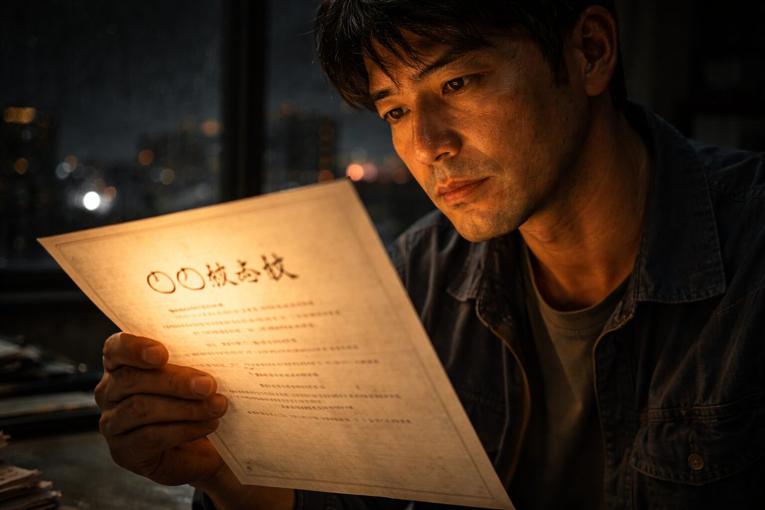 「折れそうな心を繋ぎ止めた『社名』」。暗いオフィスで、男性経営者が大切に保管された「社名鑑定の書類」を見つめている。書類には架空の「〇〇株式会社」の文字と、そこから放たれる温かい金色の光(希望)が彼の顔を照らしており、静かな決意を秘めた表情。