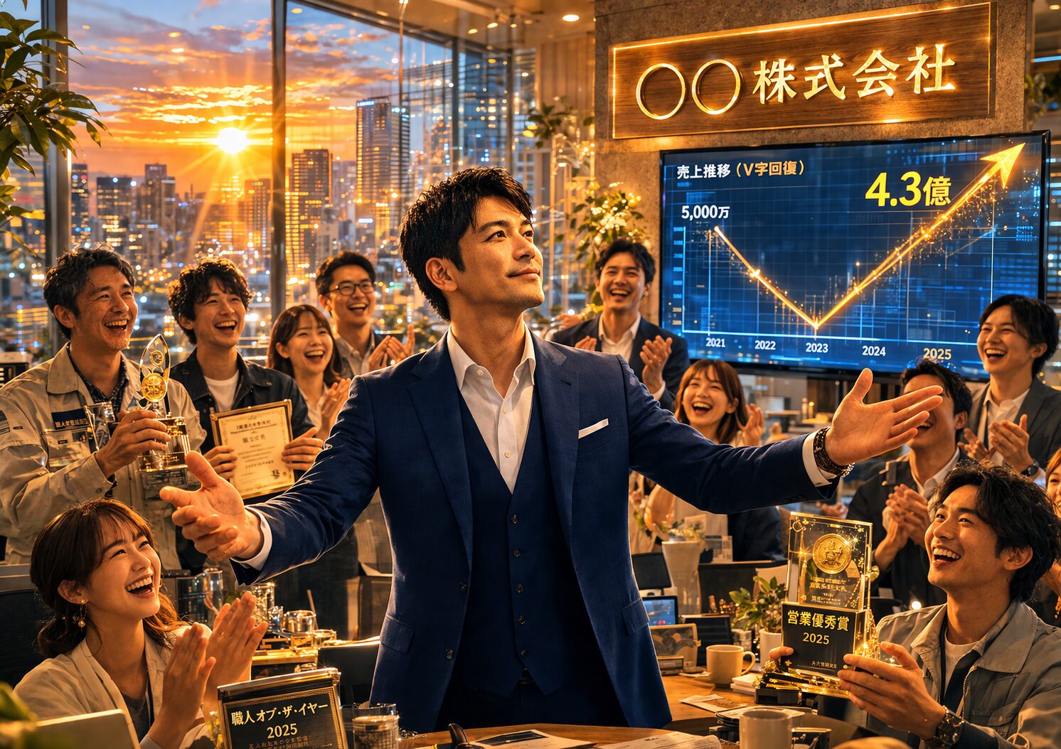 2025年の「驚異のV字回復」。スーツ姿の男性経営者が、活気あふれるモダンなオフィスで、社員全員(10名)、そして窓の外(取引先、未来)に向かって両手を広げ、感謝のジェスチャーをしている。横には金色の「〇〇株式会社」看板と、売上V字グラフ(5,000万から4.3億)。