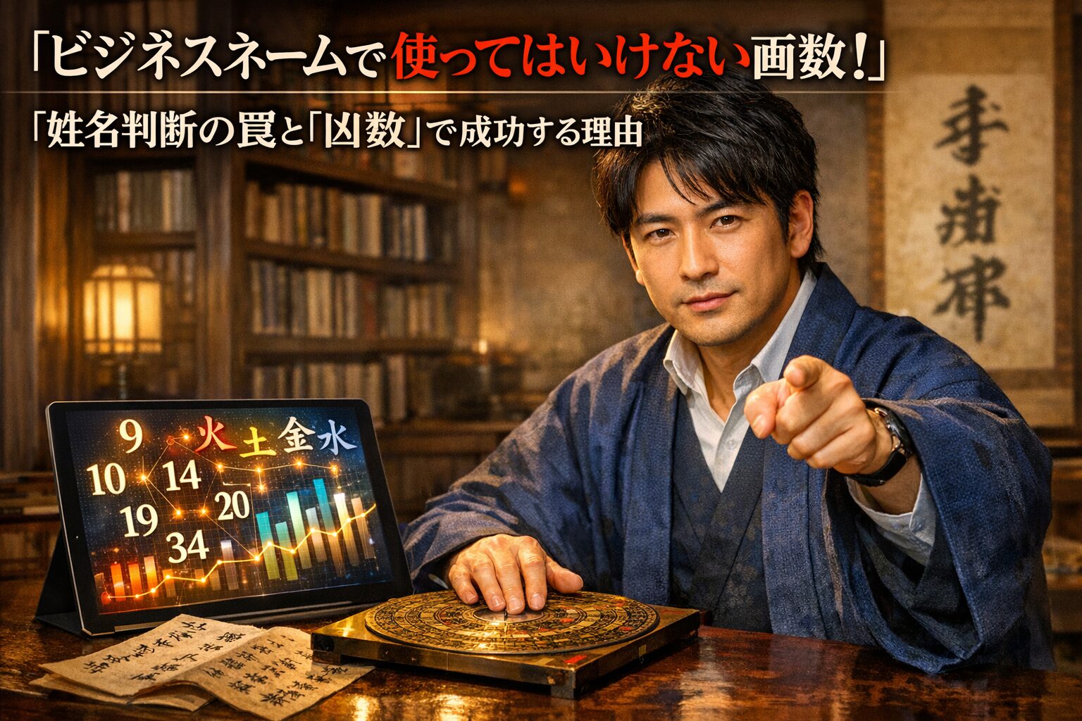 「ビジネスネームで使ってはいけない画数！」「姓名判断の罠と「凶数」で成功する理由」というタイトルテキストが入ったアイキャッチ画像。紺色の和風ジャケットを着た日本人男性の専門家（軍師）が、和モダンの書斎で、羅盤、古書、五行チャートやNG画数（9, 10, 14, 19, 20, 34）が描かれたタブレットを指差しながら、カメラに向かって力強く語りかけている。