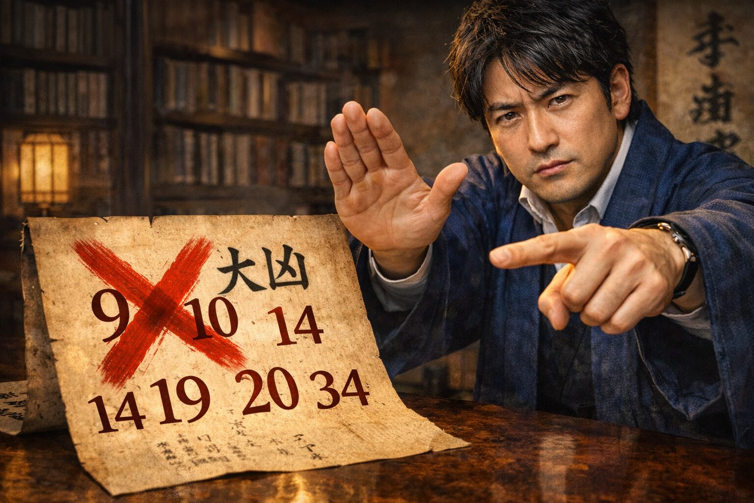 ビジネスネームで絶対に使ってはいけない大凶数に対する深刻な警告。紺色の和風ジャケットを着た日本人男性の専門家（軍師）が、薄暗い和モダンの書斎で、深刻な表情で「ストップ」のポーズをしながら、巨大な赤色の「X（バツ印）」が重ね書きされたNG画数（9, 10, 14, 19, 20, 34）が描かれた和紙を前のめりに指差している。