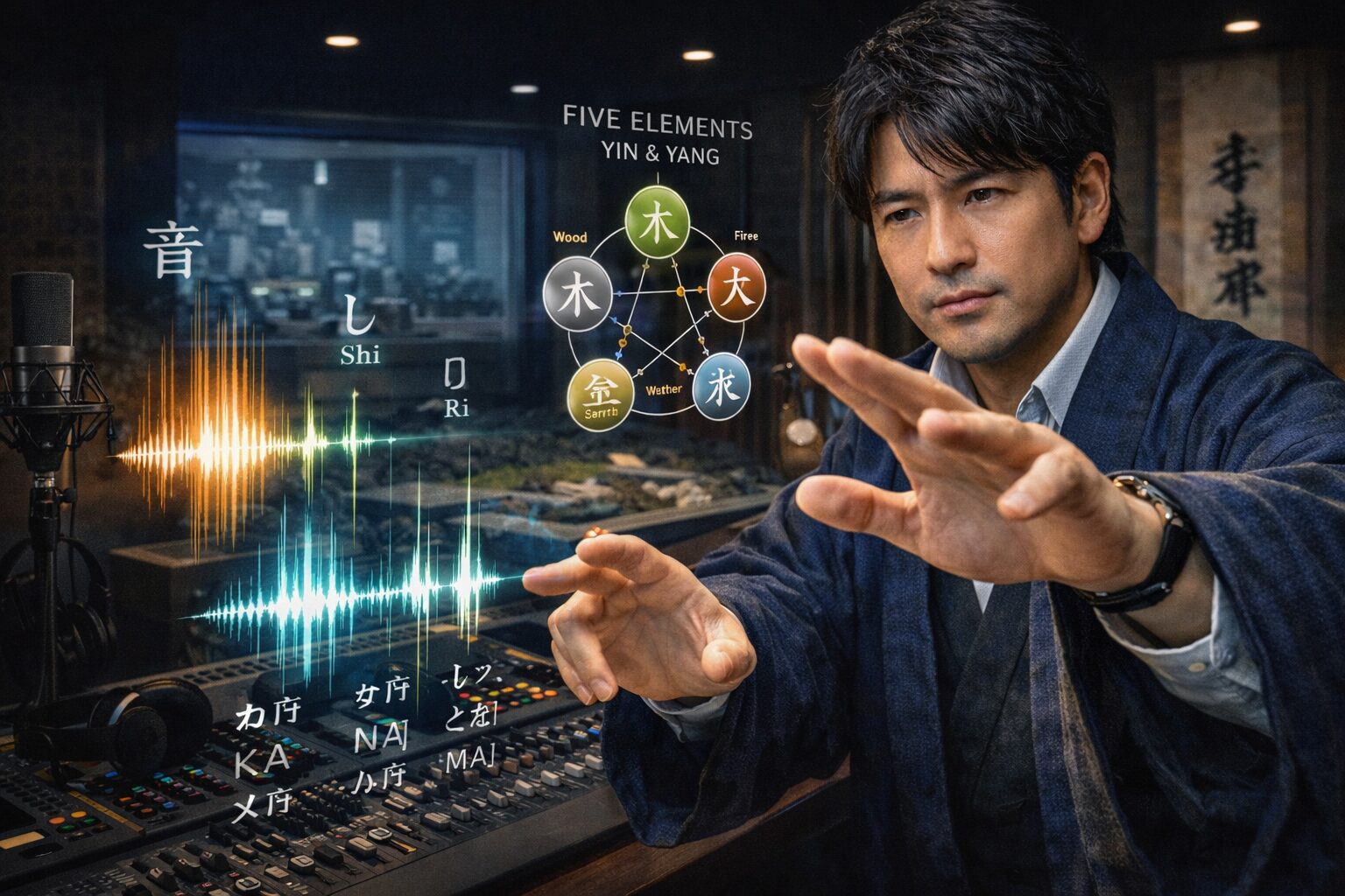 現代的な音響スタジオに立つ、紺色の和風ジャケットを着た日本人男性専門家（軍師）。真剣な表情で、空中に浮かび上がる五行図（木、火、土、金、水）と日本語の音韻データ（音、し、り、カ行、サ行など）のホログラムを分析している。特に「し（Shi）」が赤く強調され、「音」の周りには音波が描かれている。手元には羅盤と古書があり、背景にはミキシングコンソールや音響機器が並ぶ。1枚目と2枚目の和モダンの書斎とは異なるスタジオ環境。