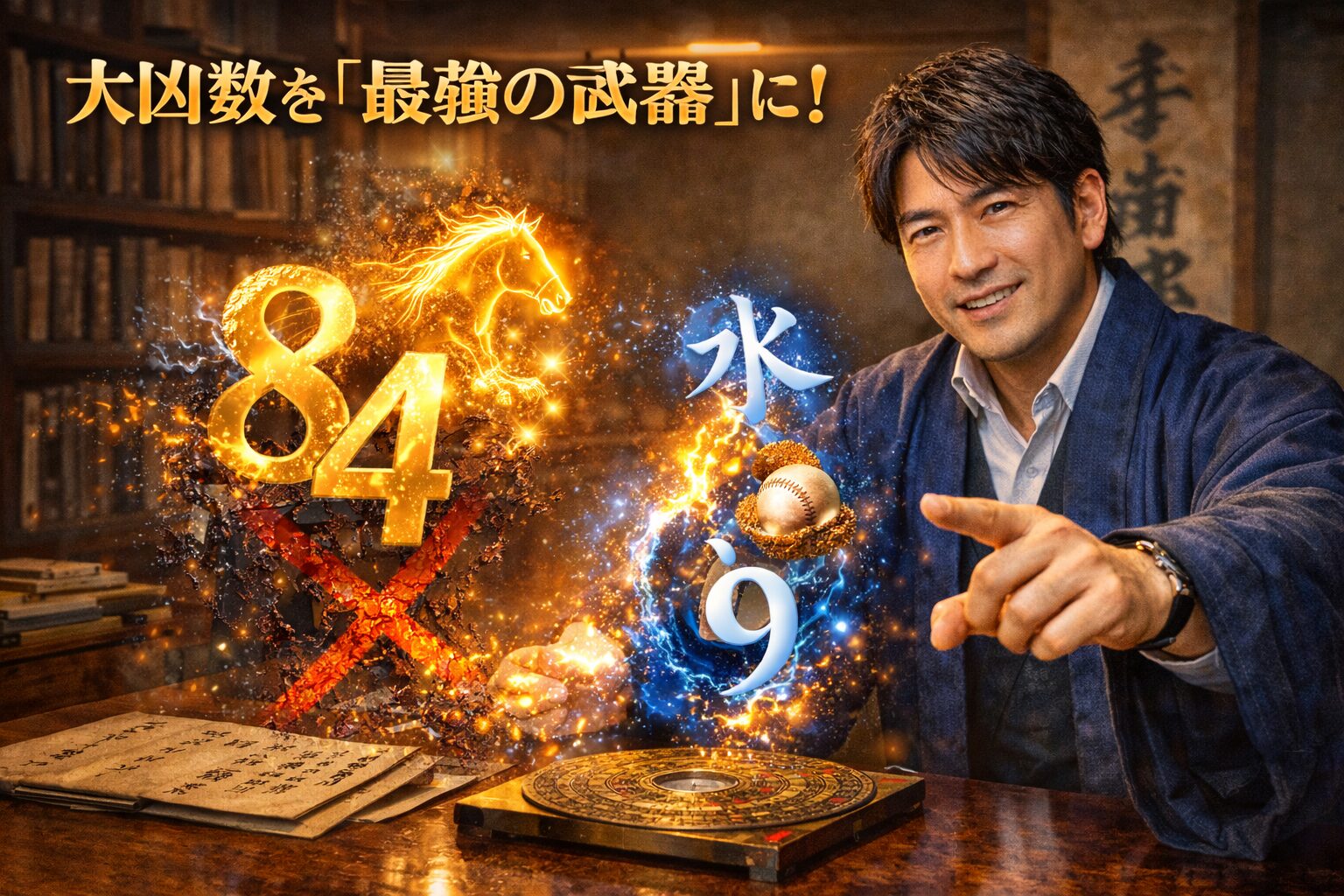和モダンの書斎で、紺色の和風ジャケットを着た日本人男性専門家（軍師）が、浮かび上がる数字とシンボルを操作し、「大凶」の数字を「最強の武器」に変える逆転劇を視覚的に表現している。暗い「34」が黄金の「8」と競走馬のシンボルに、暗い「9」が青い「水」の五行と野球ボールのシンボルに融合し、光を放っている。自信に満ちた笑顔。背景には本棚と掛け軸があり、1枚目・2枚目と連続性がある。浮かび上がる黄金のテキストは「大凶数を「最強の武器」に！」。
