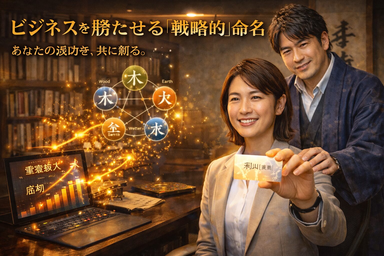 和モダンの書斎で、紺色の和風ジャケットを着たこれまでの男性専門家（軍師）が、新たに登場した日本人女性起業家を温かく、しかし誇らしげに見守っている。女性起業家はデスクに座り、自信に満ちた輝かしい笑顔で、新しいビジネスネームが書かれた名刺を手に未来を見つめている。彼女の手元には「事業拡大」「成功」といった文字が浮かぶタブレットがある。空中に浮かび上がる黄金の日本語テキストは「ビジネスを勝たせる「戦略的」命名」「あなたの成功を、共に創る。」。背景には本棚と掛け軸があり、1枚目・2枚目・3枚目と連続性がある。窓からの自然光と室内の柔らかな光が融合し、希望に満ちた成功の雰囲気が表現されている。