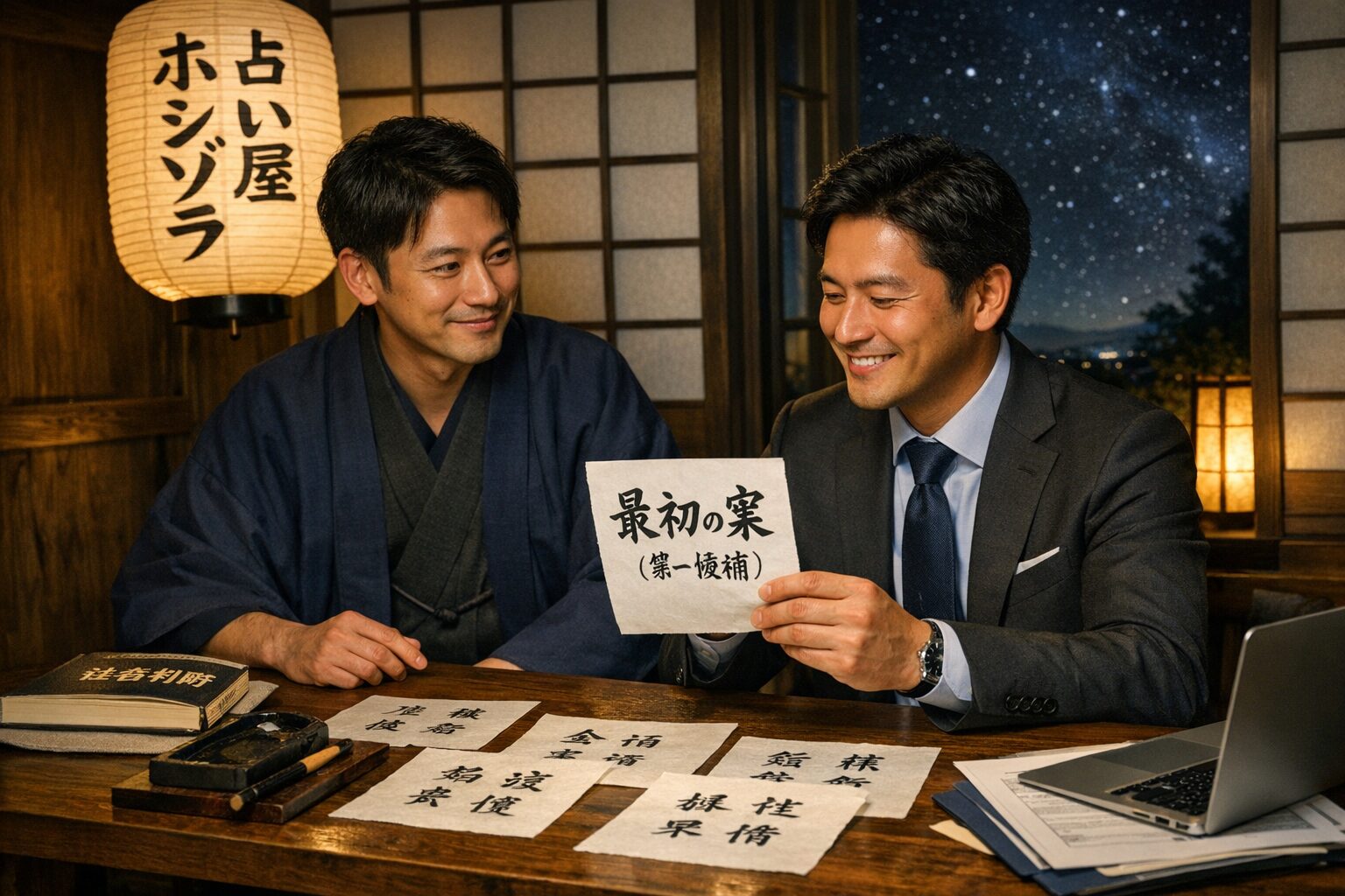 姓名判断でビジネスネームを決めるために複数案を比較検討する占い師と顧客