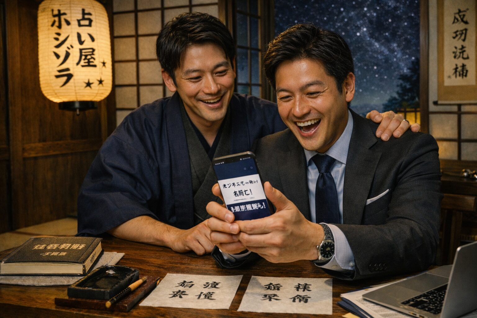 モダンな伝統的占い室での、喜びと祝福の瞬間。和装の占い師（飛鳥宗佑のイメージ）がスーツのビジネスマンの肩に手を添え、ビジネスマンがスマートフォンを見て「ビジネスオファー獲得！」と書かれた通知に驚き、満面の笑みを浮かべている。机の上に姓名判断の道具と和紙。背景に星空と「占い屋ホシゾラ」の提灯。