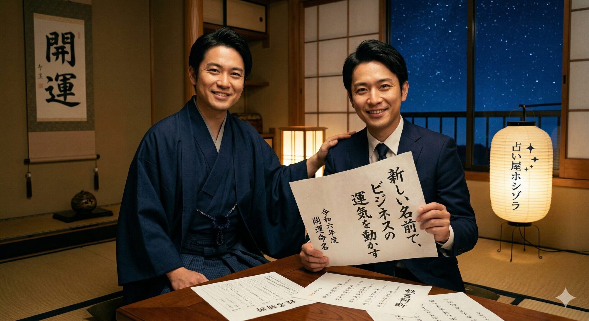 姓名判断でビジネスネームを決断し、和装の占い師に肩を支えられ、正面を向いて微笑むビジネスマン。「新しい名前で運気を動かす」と書かれた和紙が机の上に置かれている。背景に星空と「占い屋ホシゾラ」の提灯。