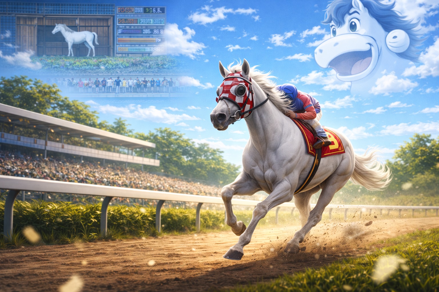 晴れた日の競馬場を走る白毛馬と、その背後に浮かぶダビスタやマキバオーの面影（競走馬への愛を綴るコラム用画像）