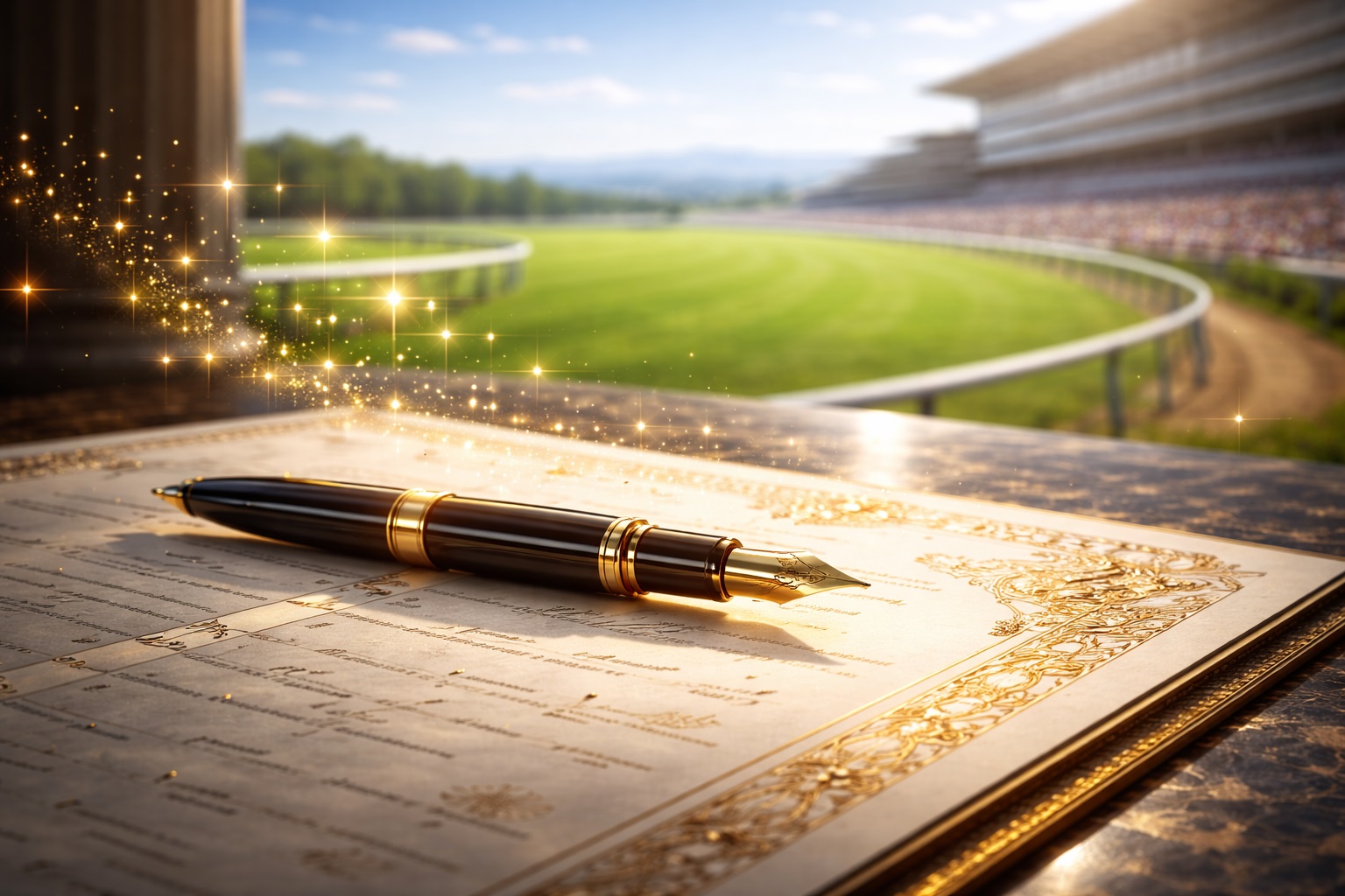 青空の下の競馬場と血統書に置かれた万年筆（競走馬の命名ルールのイメージ画像）