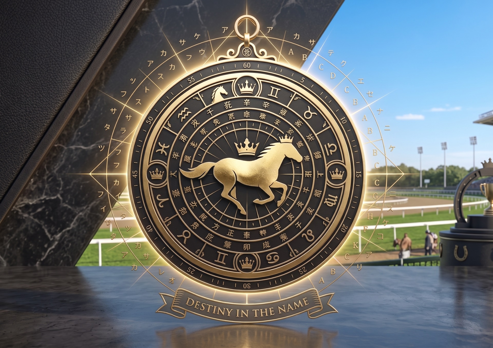 晴れ渡る青空の競馬場を背景に、競走馬のシルエットや四柱推命、カタカナ・アルファベット画数が刻まれた黄金の羅針盤が輝くイメージ画像。「DESTINY IN THE NAME」の文字が添えられた、占い屋ホシゾラの競走馬命名サービスのメインビジュアル。