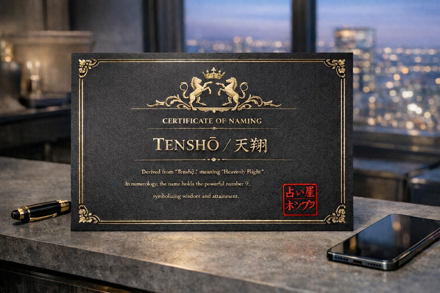 高級感のある漆黒のマット紙にゴールドの文字で馬名「天翔」が刻まれた、占い屋ホシゾラの競走馬命名証「モダン・ロイヤル」スタイルのイメージ。四柱推命とカタカナ画数による精緻な鑑定結果を記した、プレミアムプラン、VIPロイヤルプラン限定の納品物。