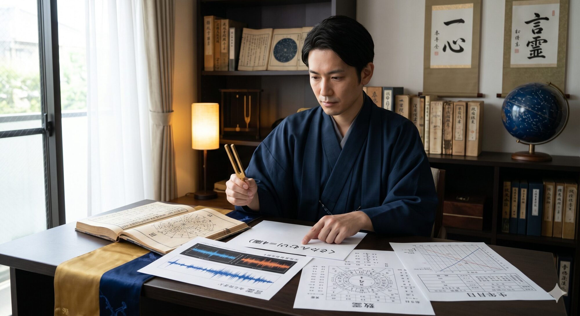 「音（言霊）・数霊・生年月日」を総合鑑定する、占い屋ホシゾラの独自ビジネスネーム作成法（一般的な姓名判断との違いを象徴するイメージ）