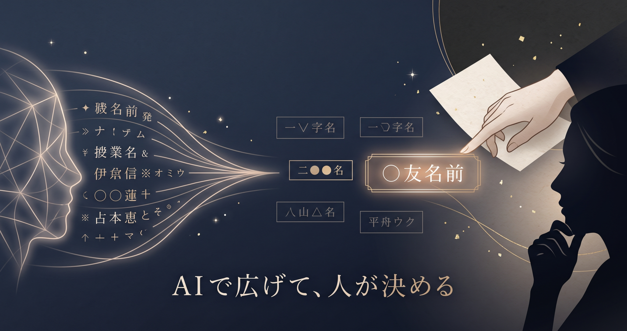 ChatGPTでビジネスネームの候補を出し、その中から人間が一つを選び取る流れを表現したイメージ画像