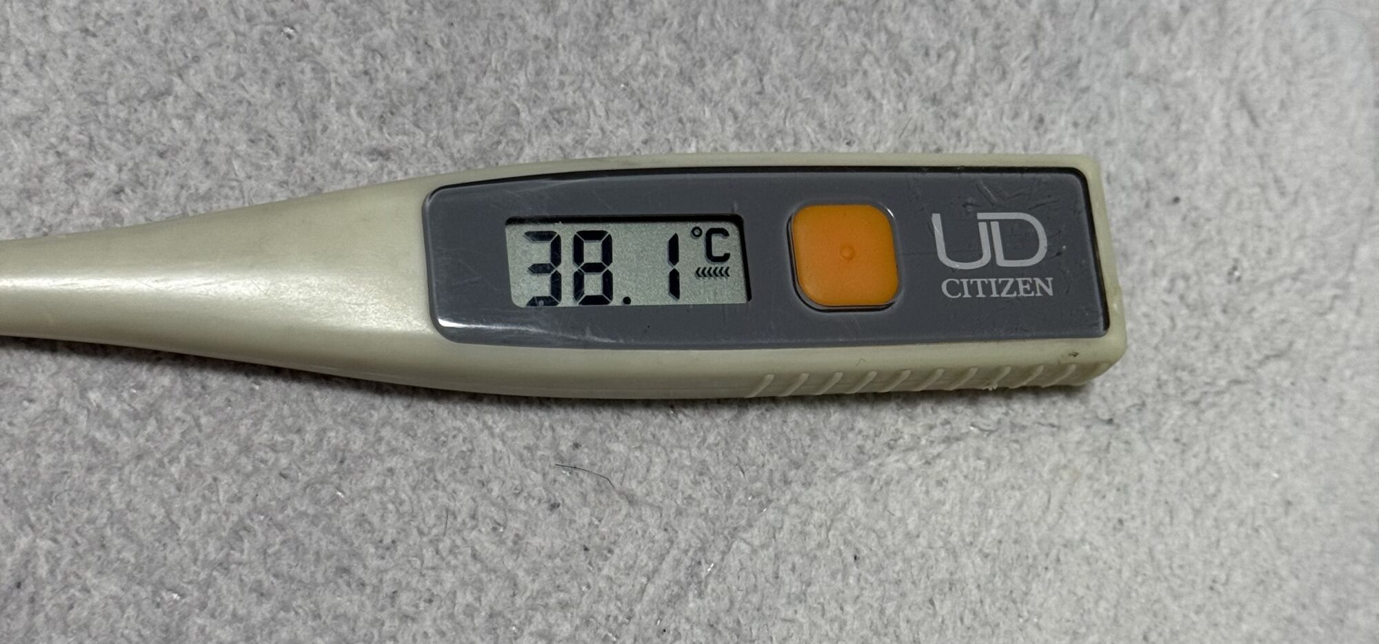 デジタル体温計の液晶画面のアップ写真。「38.1℃」と表示されている。2026年4月にインフルエンザA型に感染し、高熱が出た際の記録。