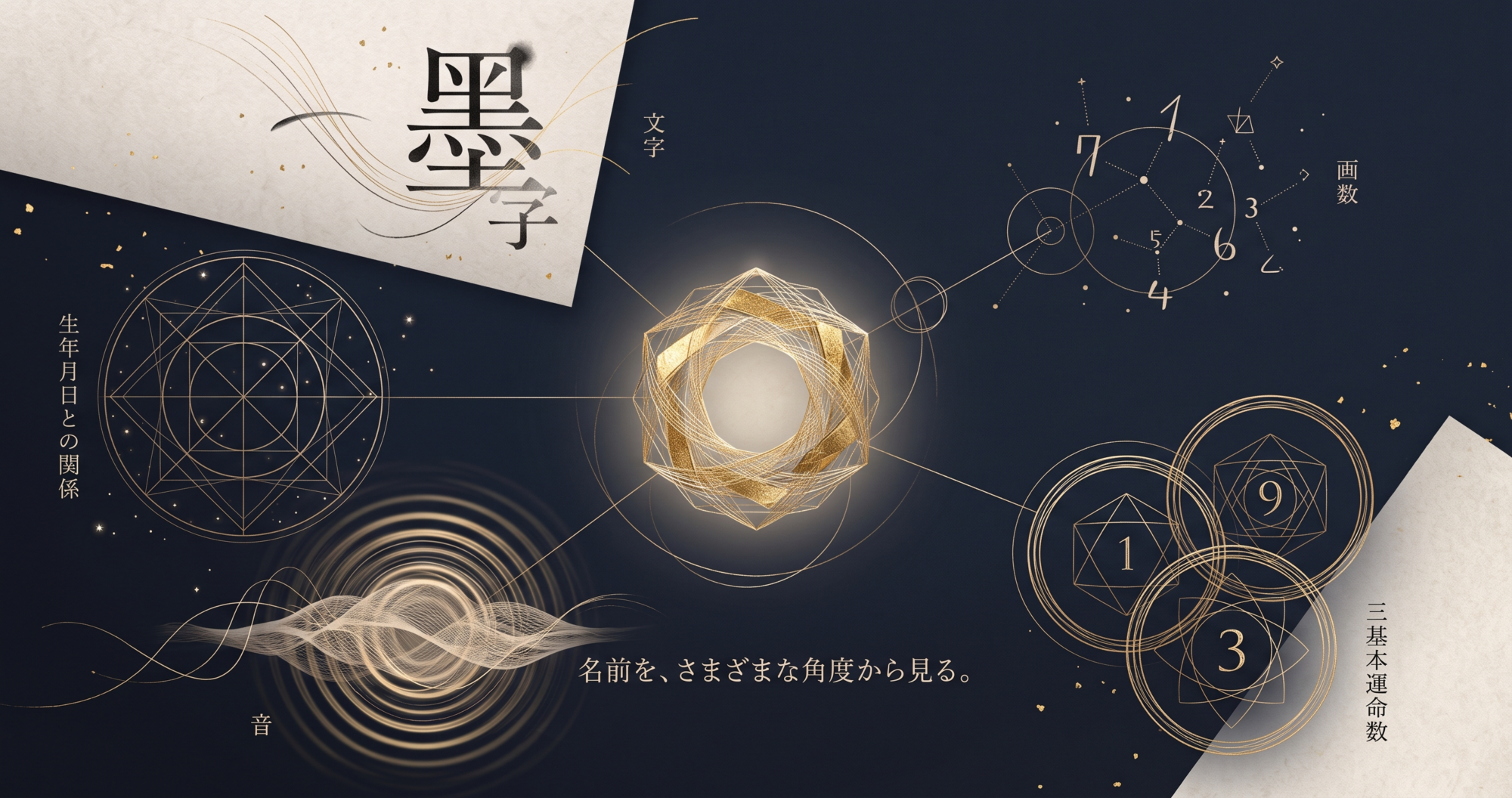 多角的な姓名判断サービスを紹介する和モダンなビジュアル。「名」を中心に、画数、三基本運命数、音、文字、生年月日との関係を表す抽象的な金色の紋章が配置されており、「名前を、さまざまな角度から見る。」というテキストが添えられている。背景は深いネイビーと和紙の質感。