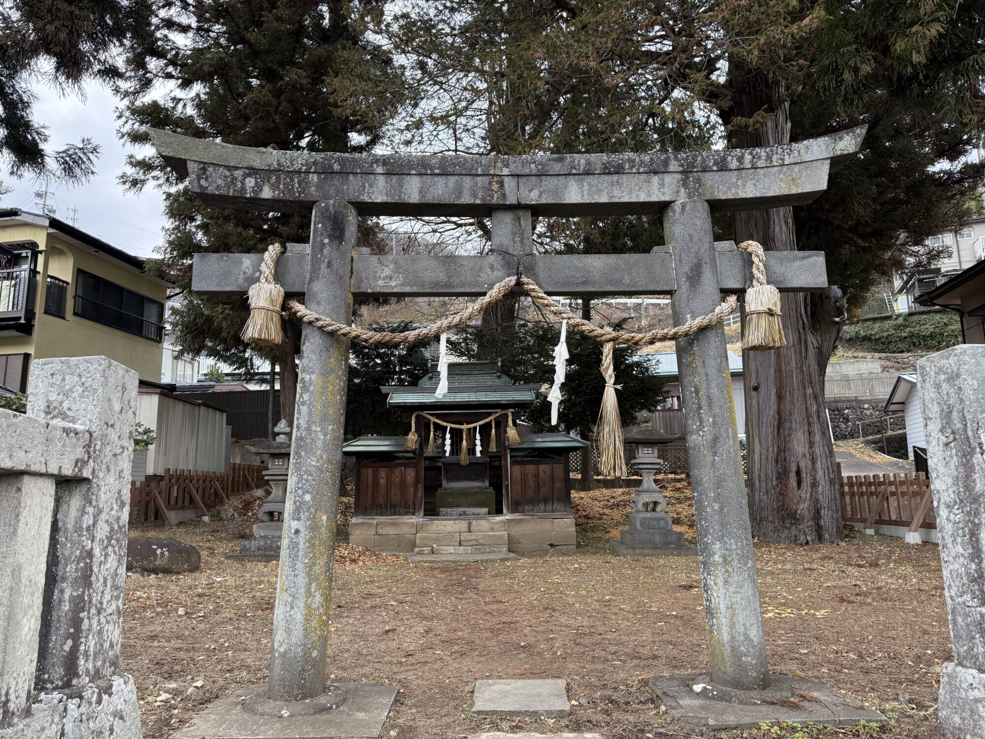 長野県下諏訪町にある御作田神社の正面写真。しめ縄と紙垂（しで）が飾られた年季の入った石鳥居の奥に、歴史を感じさせる木造の小さなお社が建っている。周囲には大きな木が茂り、落ち葉が広がる静かな境内の風景。