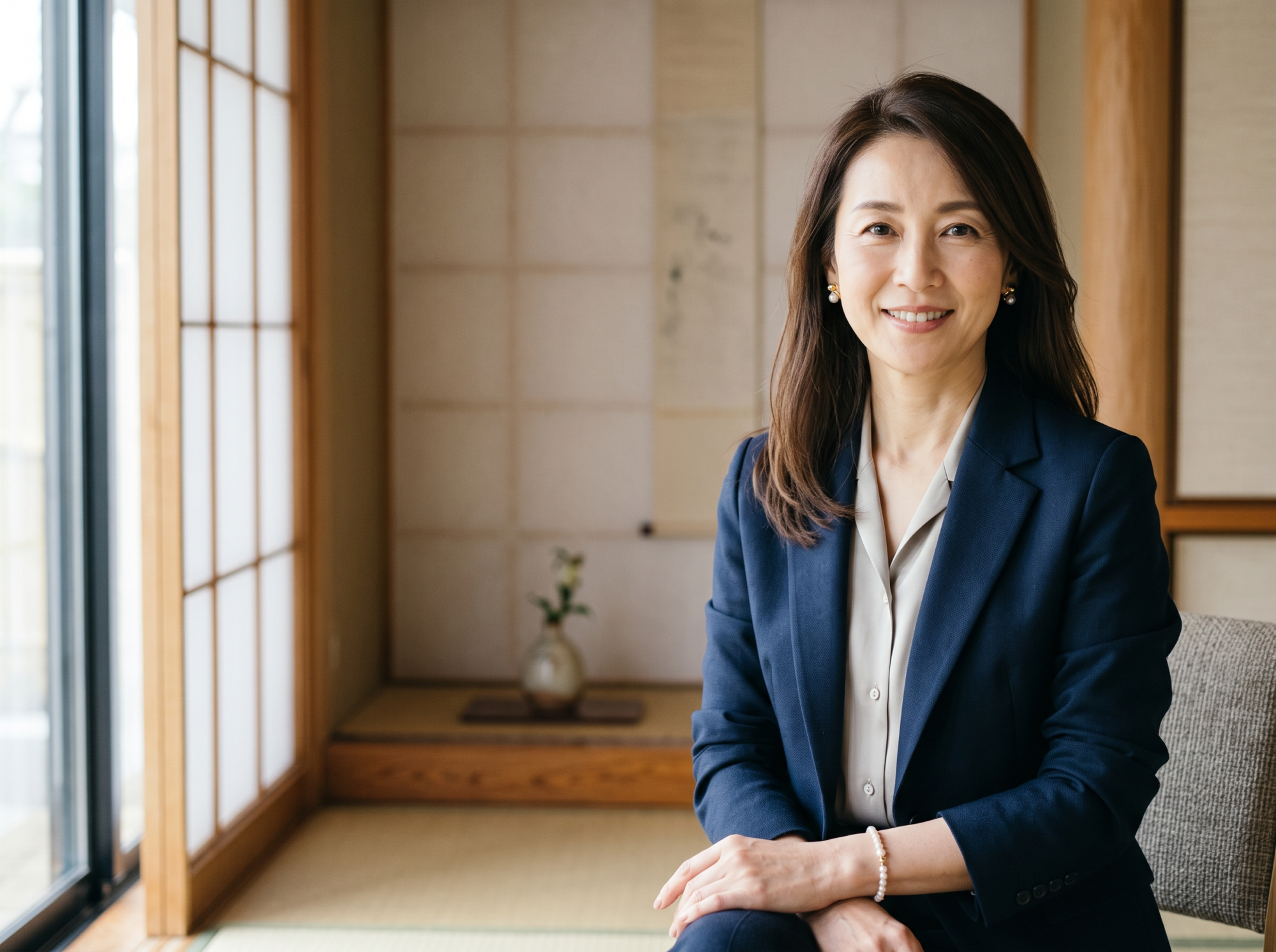 和モダンな室内で微笑む、知的で上品な日本人女性俳優をイメージしたプロフィール写真。ネイビージャケットとパールのアクセサリー、畳と障子の背景。姓名判断や人物分析ブログ向け。