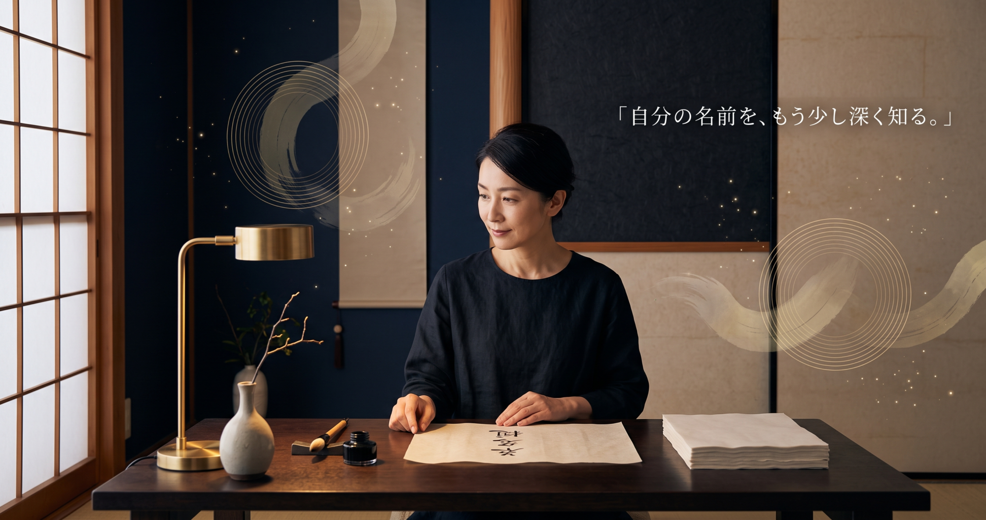 「『自分の名前を、もう少し深く知る。』というメッセージとともに、静かな和モダン空間で、自分の名前が書かれた和紙を穏やかに見つめる40代女性のイメージ。吉凶の判定ではなく、姓名鑑定を通して自分自身の名前と静かに向き合う時間を表現しています。」