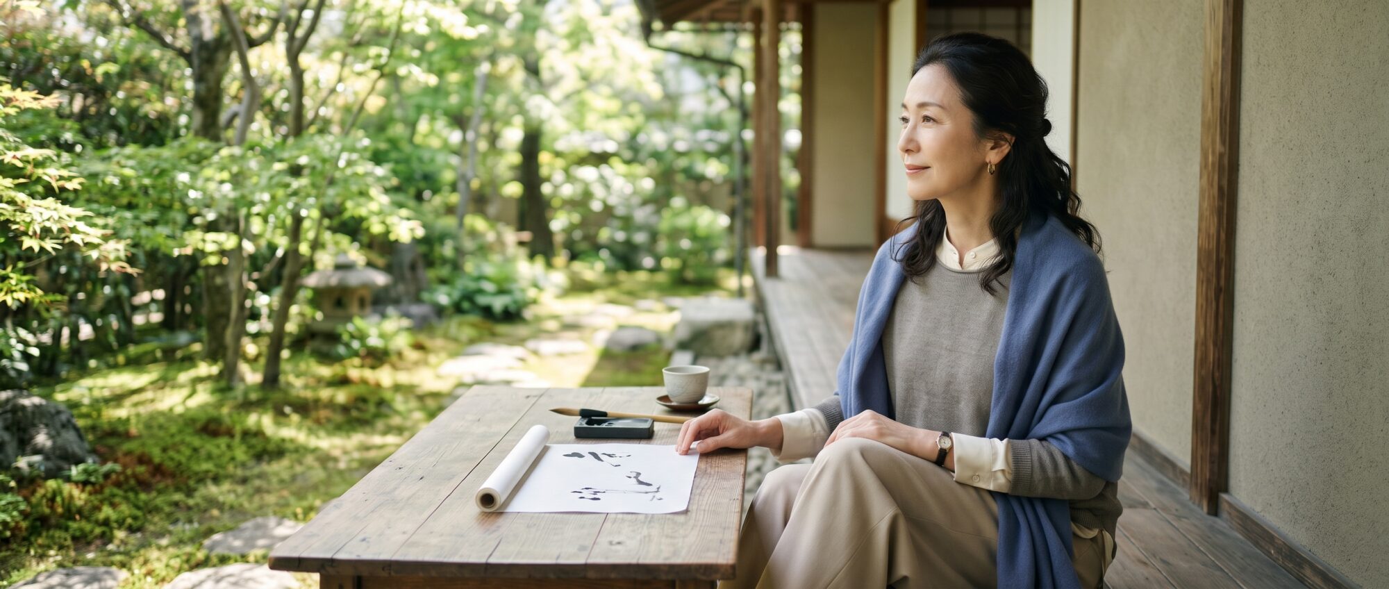 石田ゆり子の姓名判断記事プロフィールをイメージした、縁側で和紙と筆を前に微笑む上品な大人の女性